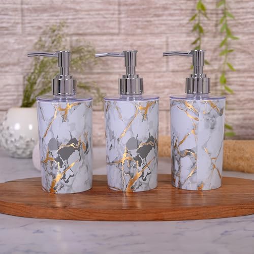 Shenron Refillable Liquid Soap Dispenser, Unbreakable Plastic Dispenser for Sanitizer, Lotion, Shampoo & Handwash Bottle for Kitchen, Bathroom, Shower, Wash Basin, 250ML (White Marble, Pack of 3) - Image 1