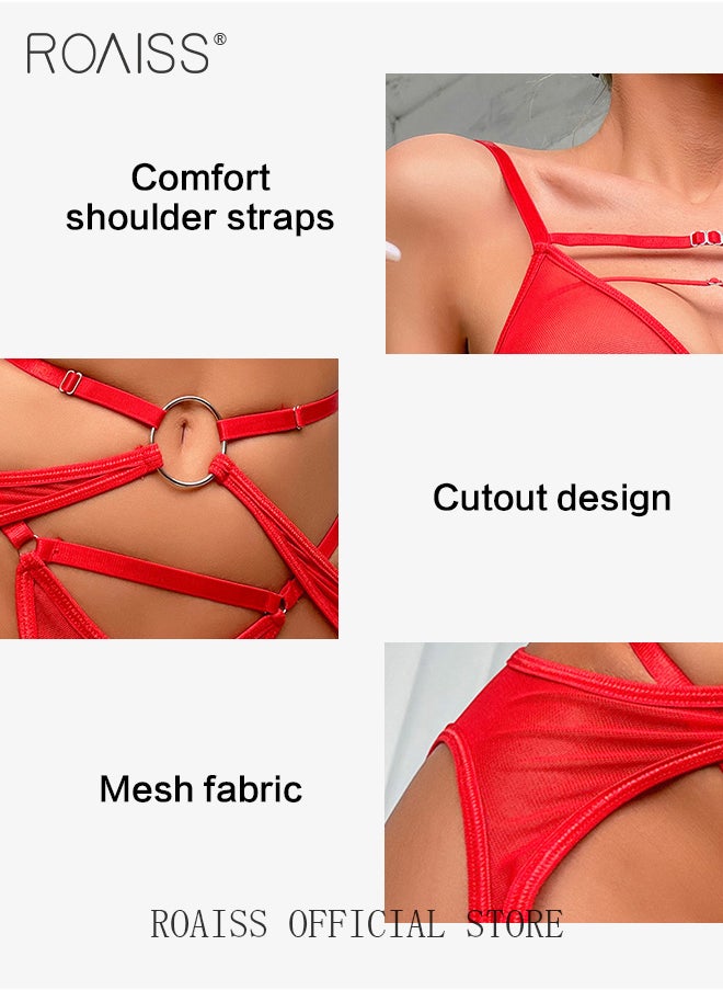roaiss - See Through Lingerie Set for Women Red Mesh Yarn Stitching Spaghetti Strap Underwear Suit with Garter Ladies Cross Straps Slim Fit Skin Friendly and Comfy Bodysuit for Adults - Image 1