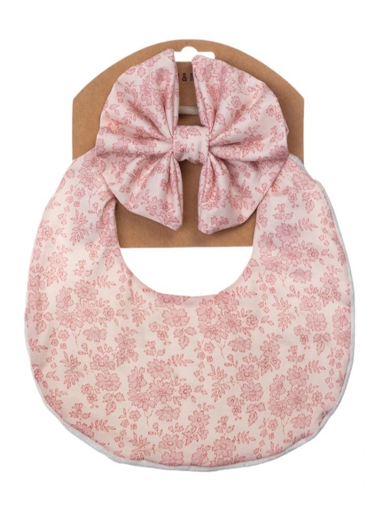 Bambimici Bambimici - Luna Ribbon Headband & Baby Bib Set - Floral Light Pink  - Image 3