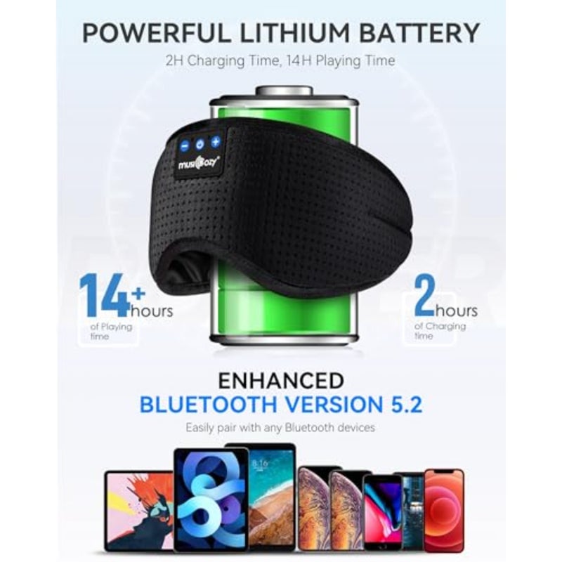 سماعات نوم لاسلكية للنوم الجانبي، عصابة رأس من القماش المسامي، أسود، 5.2 بلوتوث مع تصميم سماعة أذن ثلاثية الأبعاد وقناع عين متكامل للمكتب، والسفر الجوي، وهدايا تقنية رائعة - Image 4