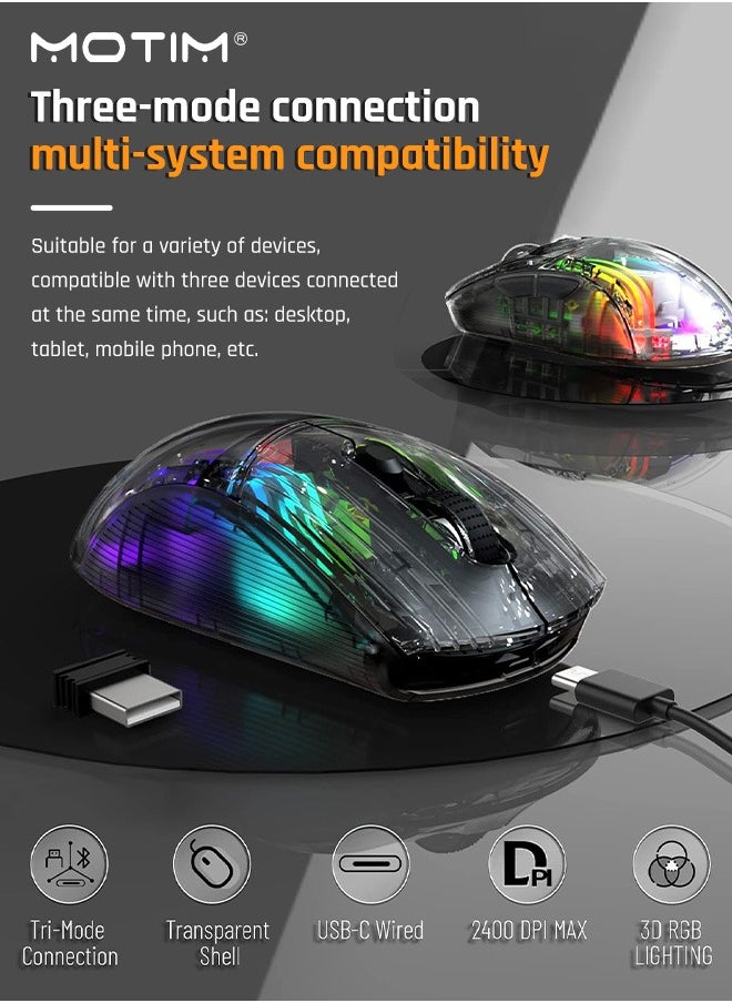 Wireless Gaming Mouse with , Three Mode 2.4G/Bluetooth/Wired Mouse, 3D RGB Lighting Transparent Design Ergonomic Mouse with 7 Buttons, Rechargeable Wireless Computer Mice