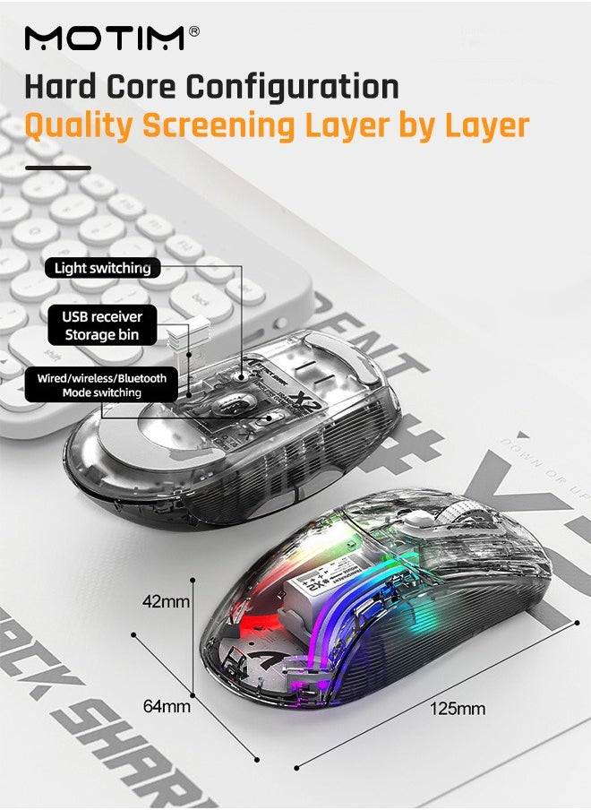 Wireless Gaming Mouse with , Three Mode 2.4G/Bluetooth/Wired Mouse, 3D RGB Lighting Transparent Design Ergonomic Mouse with 7 Buttons, Rechargeable Wireless Computer Mice