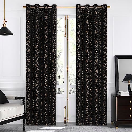 Beauoop 100% Blackout Curtains 84 Inches Long for Bedroom Living Room Moroccan Gold Patterned Drapes Thermal Insulated Grommet Top Window Treatment Panels Set of 2, Black/Gold - Image 5