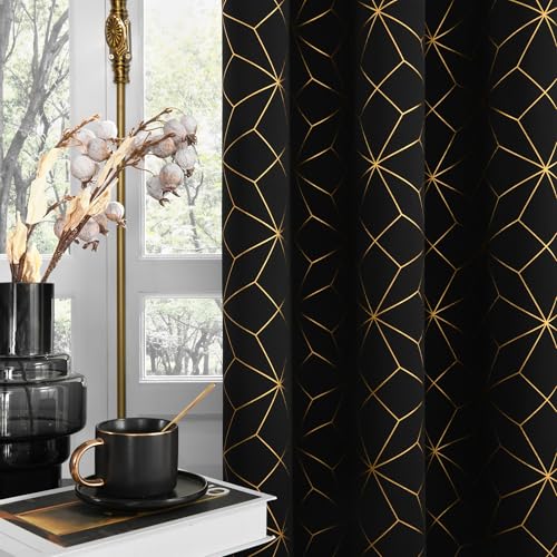 Beauoop 100% Blackout Curtains 84 Inches Long for Bedroom Living Room Moroccan Gold Patterned Drapes Thermal Insulated Grommet Top Window Treatment Panels Set of 2, Black/Gold - Image 1