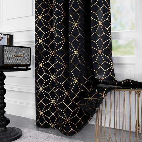 Beauoop 100% Blackout Curtains 84 Inches Long for Bedroom Living Room Moroccan Gold Patterned Drapes Thermal Insulated Grommet Top Window Treatment Panels Set of 2, Black/Gold - Image 3