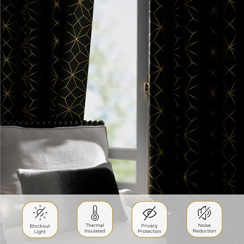Beauoop 100% Blackout Curtains 84 Inches Long for Bedroom Living Room Moroccan Gold Patterned Drapes Thermal Insulated Grommet Top Window Treatment Panels Set of 2, Black/Gold - Image 4