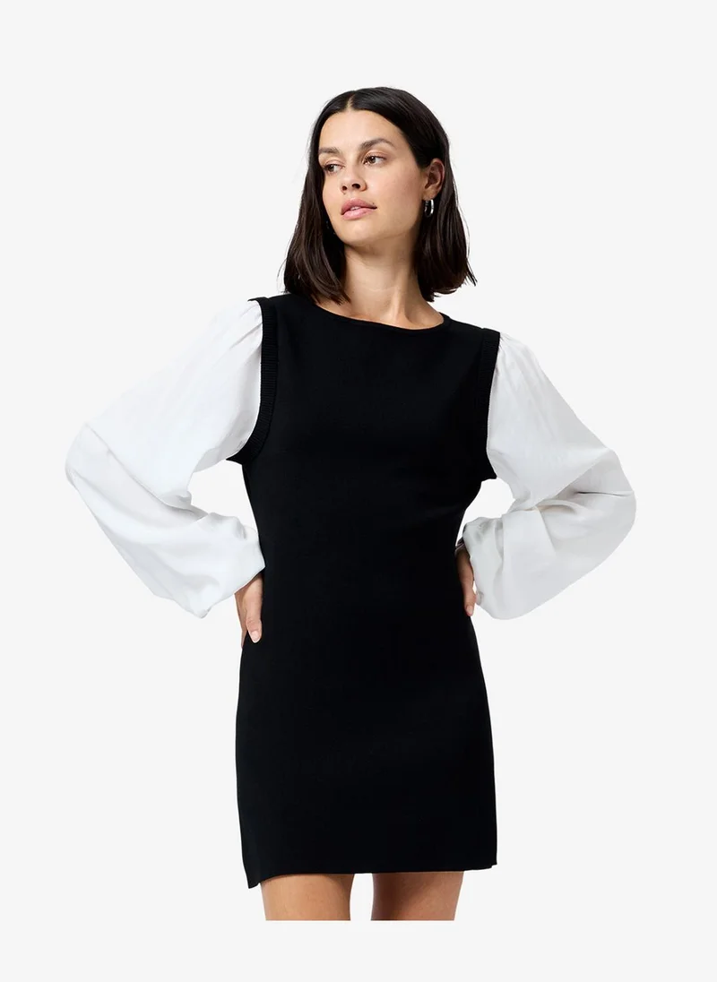 فرنش كونكشن Women's Black- Summer White Maxime Knit Shirting Mini Dress
