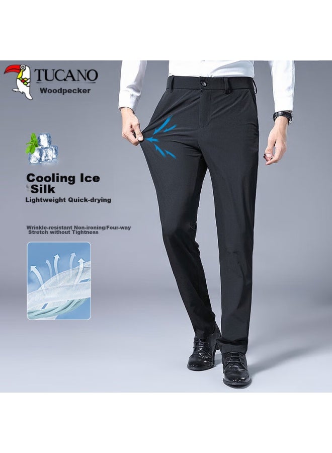 Tucano Tucano Casual Pants For Men, Summer Ice Silk Business Fashion Trousers, Elastic Slim Fit Versatile Pants, Men's Clothing, Black, Size 32 - Image 1