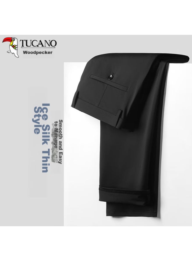 Tucano Tucano Casual Pants For Men, Summer Ice Silk Business Fashion Trousers, Elastic Slim Fit Versatile Pants, Men's Clothing, Black, Size 32 - Image 2