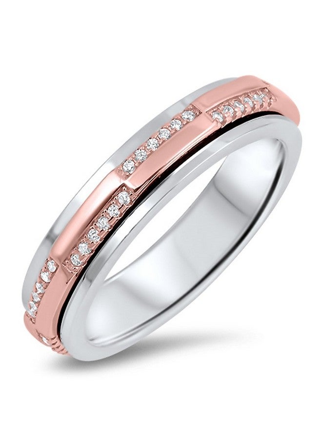 Sac Silver Rose Goldtone White Cz Spinner Wedding Ring 925 Sterling Silver Band Size 9 - Image 1