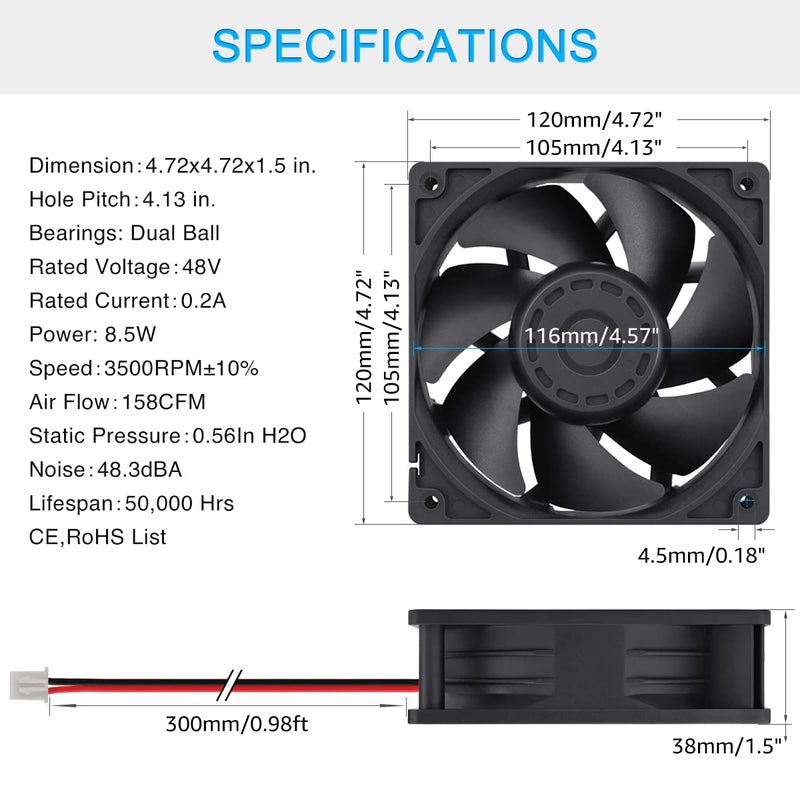 GDSTIME 1238 48V Fan, 120mm x 38mm Dual Ball Bearings DC Brushless Cooling Fan - Image 2