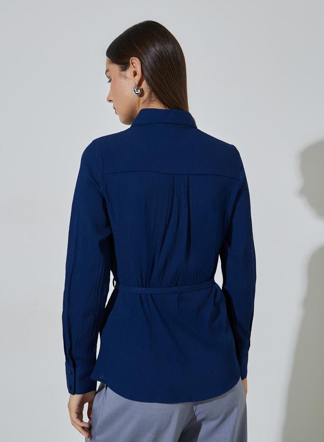 Styli Navy Blue Solid Tie-Up Waist Long Sleeves Regular Fit Shirt - Image 4