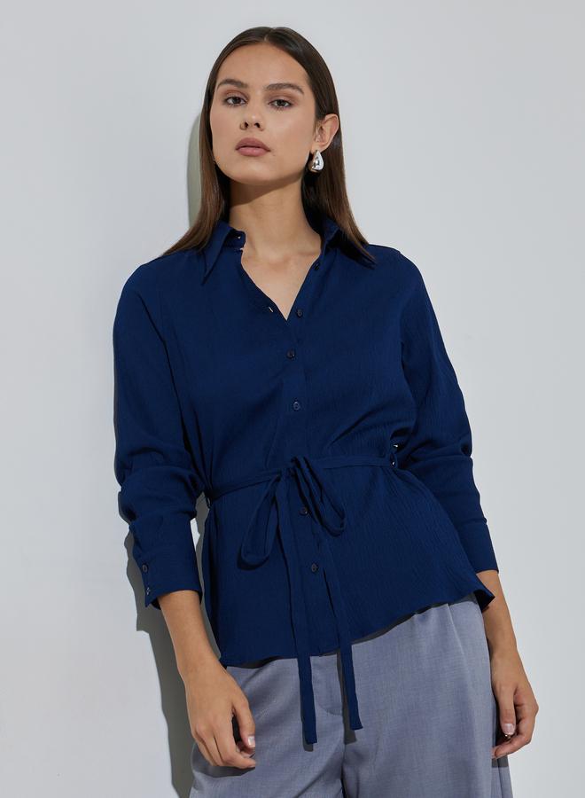 Styli Navy Blue Solid Tie-Up Waist Long Sleeves Regular Fit Shirt - Image 1