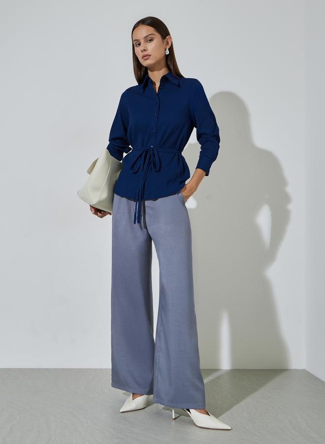 Styli Navy Blue Solid Tie-Up Waist Long Sleeves Regular Fit Shirt - Image 2