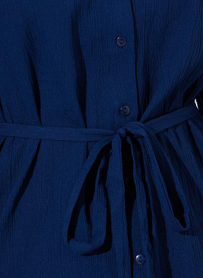 Styli Navy Blue Solid Tie-Up Waist Long Sleeves Regular Fit Shirt - Image 3