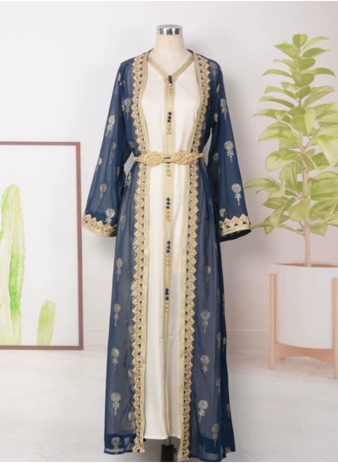 Loquat Ladies Embroidered Robe Long Dress Set Open Front Outer Robe+Inner Skirt+Belt Muslim Abaya Navy Blue  - Image 1