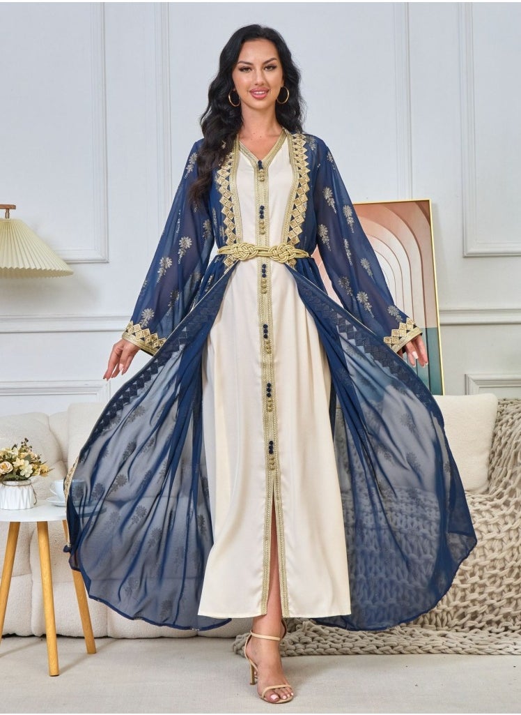 Loquat Ladies Embroidered Robe Long Dress Set Open Front Outer Robe+Inner Skirt+Belt Muslim Abaya Navy Blue  - Image 2