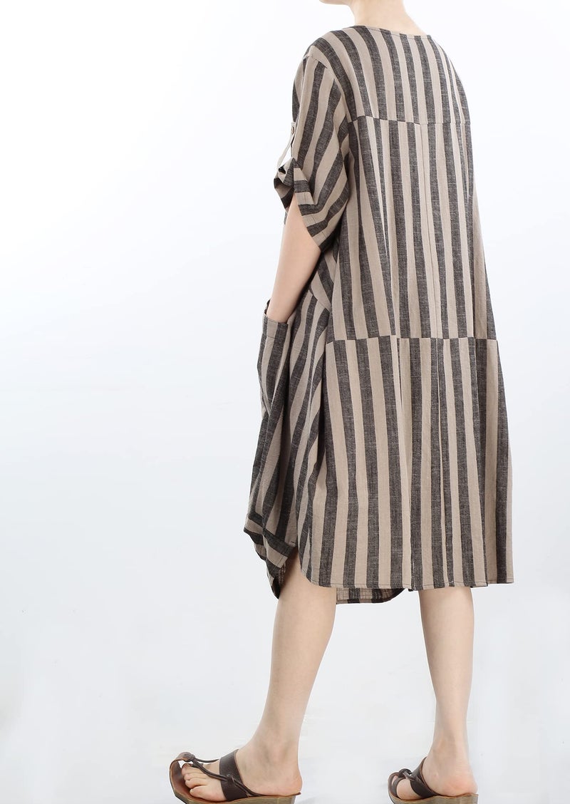 LaovanIn Women's Plus Size Tunic Dress Summer Cotton Linen T Shirt Knee-Length Dresses Style 2 Black-Brown Stripe Medium - Image 5