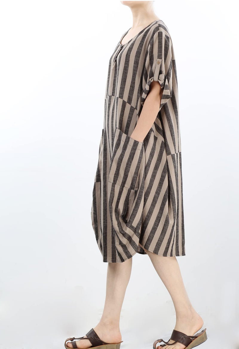 LaovanIn Women's Plus Size Tunic Dress Summer Cotton Linen T Shirt Knee-Length Dresses Style 2 Black-Brown Stripe Medium - Image 2