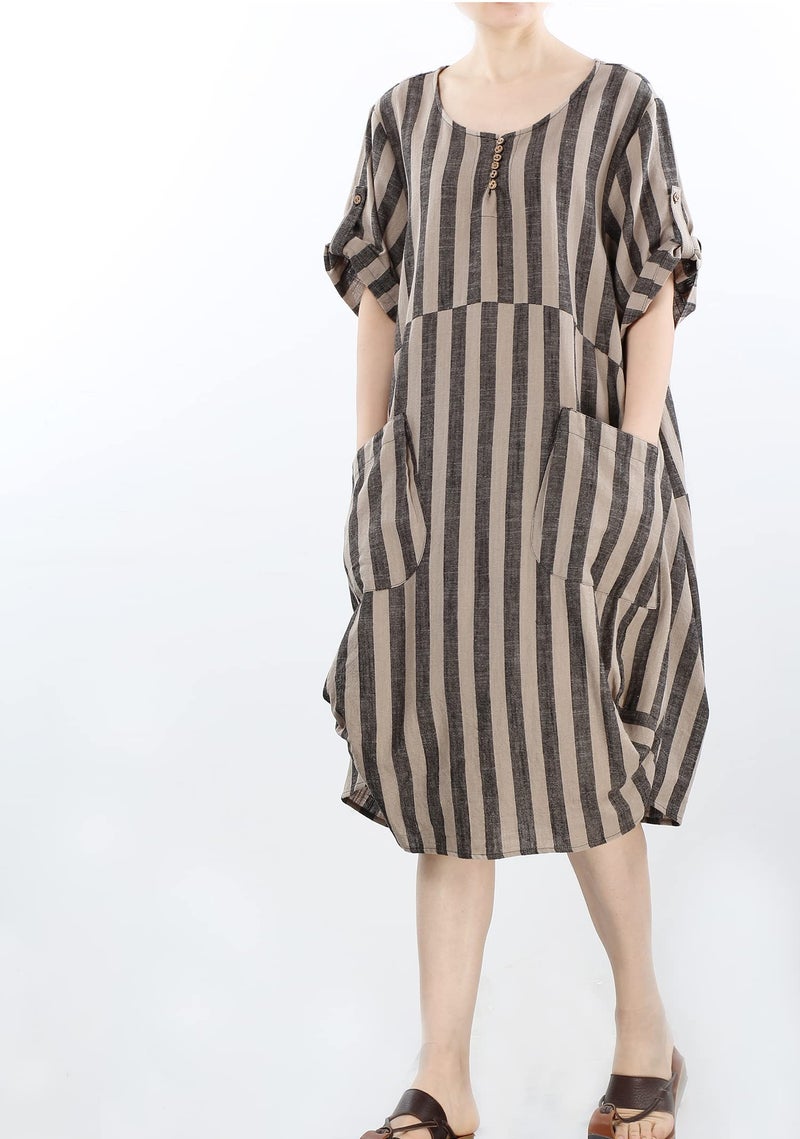 LaovanIn Women's Plus Size Tunic Dress Summer Cotton Linen T Shirt Knee-Length Dresses Style 2 Black-Brown Stripe Medium - Image 3