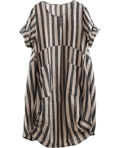 LaovanIn Women's Plus Size Tunic Dress Summer Cotton Linen T Shirt Knee-Length Dresses Style 2 Black-Brown Stripe Medium - Image 1