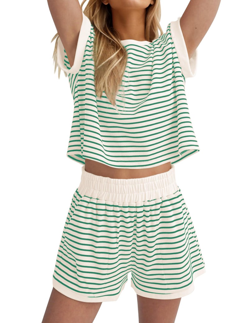 MISSACTIVER 2 Piece Lounge Set Women Stripe Knit Short Sleeve Tee Shirts Shorts Casual Summer Loungewear Shorts Sets - Image 1