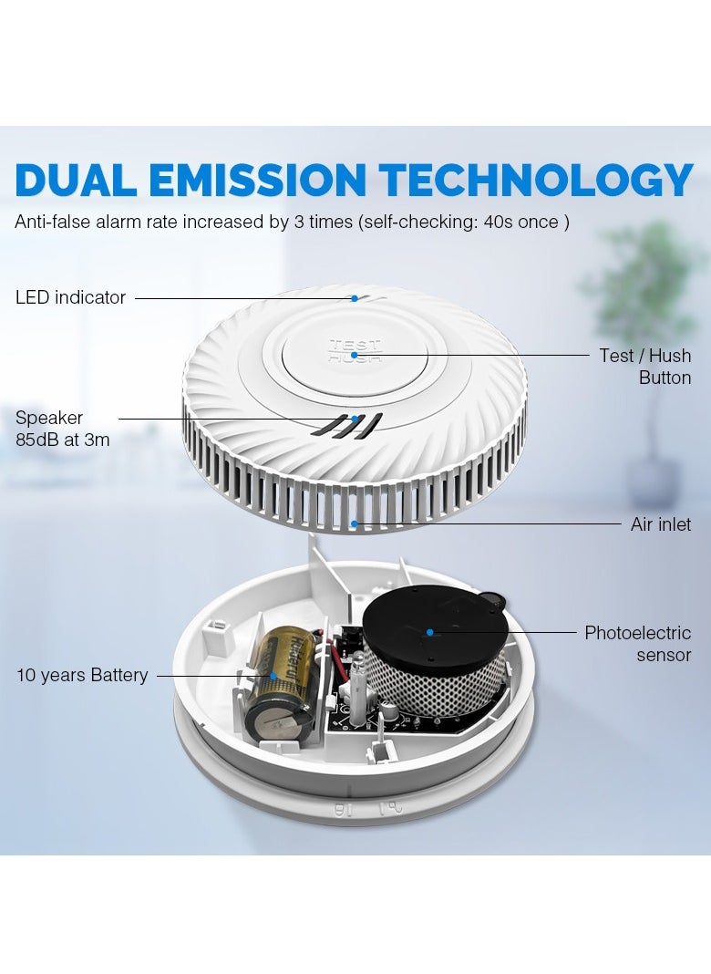 Standalone Smoke Alarm 85dB High Sensitivity Photoelectric Sensor TUV Certified 10 Year Battery Anti False Alarm