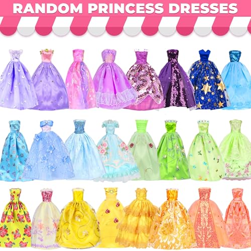 Bymore 130 Pcs Doll Clothes and Accessories Kit, Including 4 Princess Gowns 8 Fashion Dresses 3 Tops 3 Pants 2 Bikini Swimsuits 20 Shoes 20 Accessories and Hangers for 11"-12" Dolls - Image 3