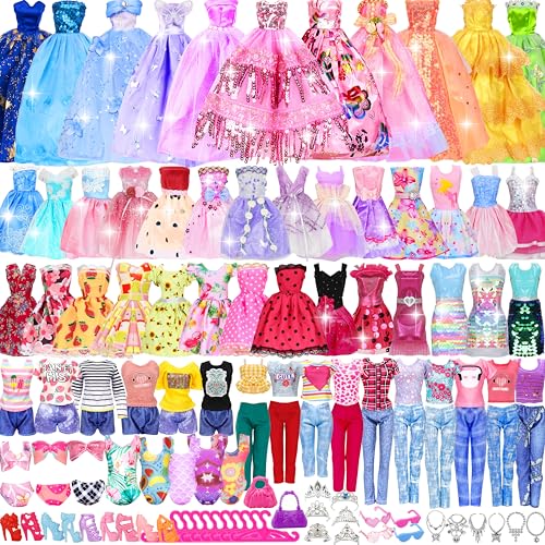 Bymore 130 Pcs Doll Clothes and Accessories Kit, Including 4 Princess Gowns 8 Fashion Dresses 3 Tops 3 Pants 2 Bikini Swimsuits 20 Shoes 20 Accessories and Hangers for 11"-12" Dolls - Image 1