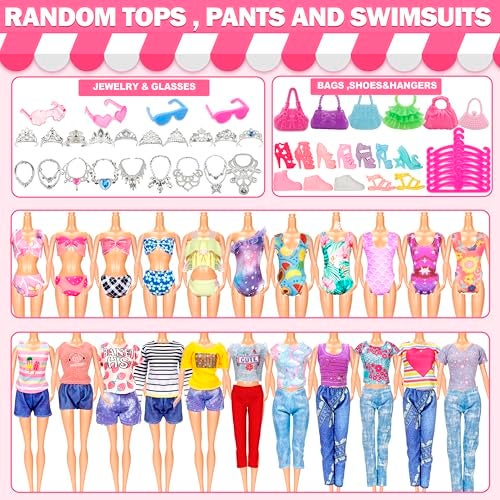 Bymore 130 Pcs Doll Clothes and Accessories Kit, Including 4 Princess Gowns 8 Fashion Dresses 3 Tops 3 Pants 2 Bikini Swimsuits 20 Shoes 20 Accessories and Hangers for 11"-12" Dolls - Image 5