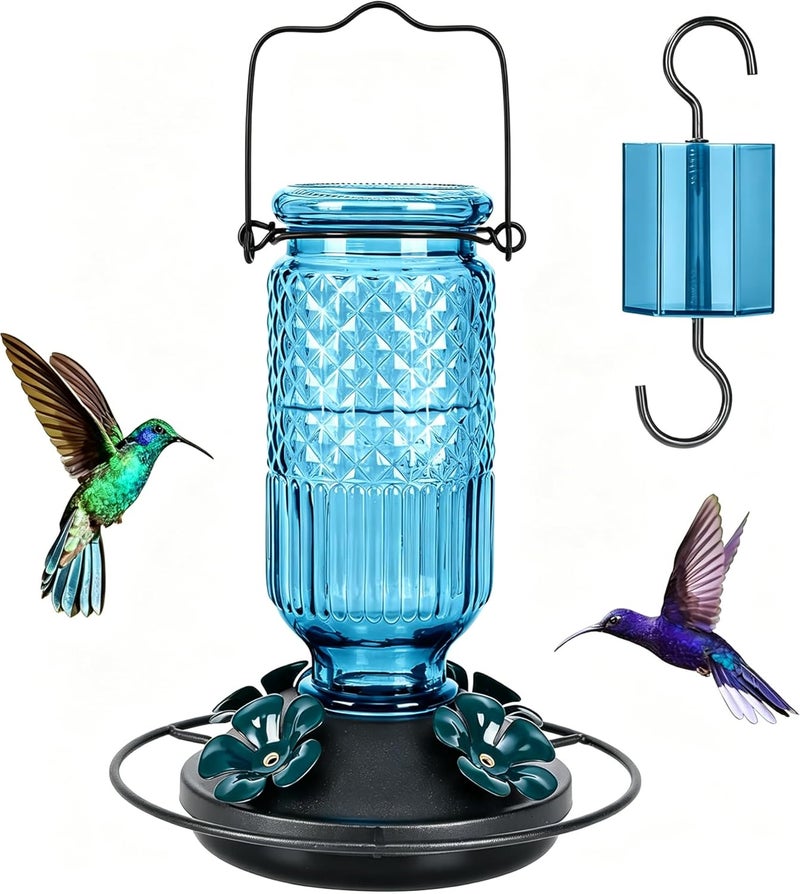 Feed Garden Glass Hummingbird Feeder for Outdoors Hanging, 16 OZ Humming Birds Feeders with 4 Bee Guard Feeding Ports & Built-in Ant Moat, Bird Feeder for Outside, Blue - Image 1