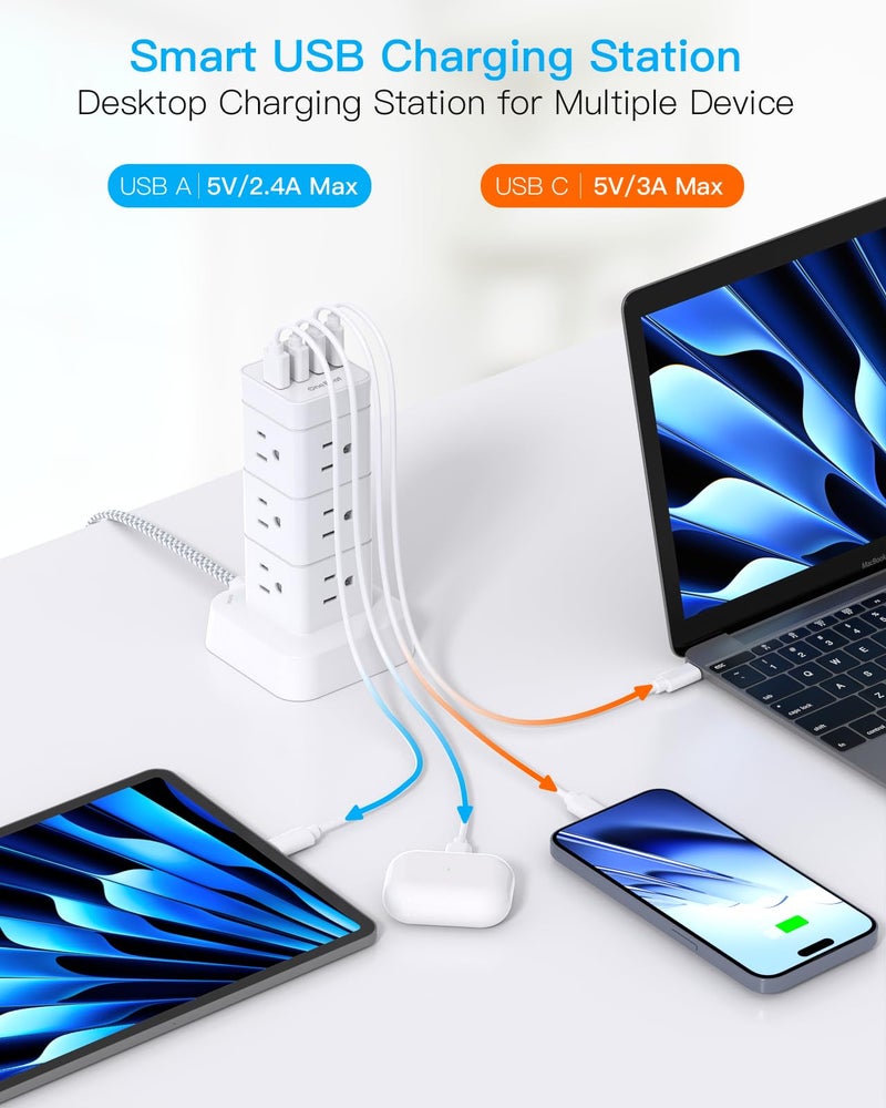 One Beat برج واقي من زيادة التيار، 12 مخرج 4 USB (2 USB C) محطة شحن مكتبية لأجهزة متعددة، سلك تمديد مسطح بطول 6 أقدام مع مخرجات متعددة، أساسيات المنزل والمكتب وسكن الطلاب - Image 4