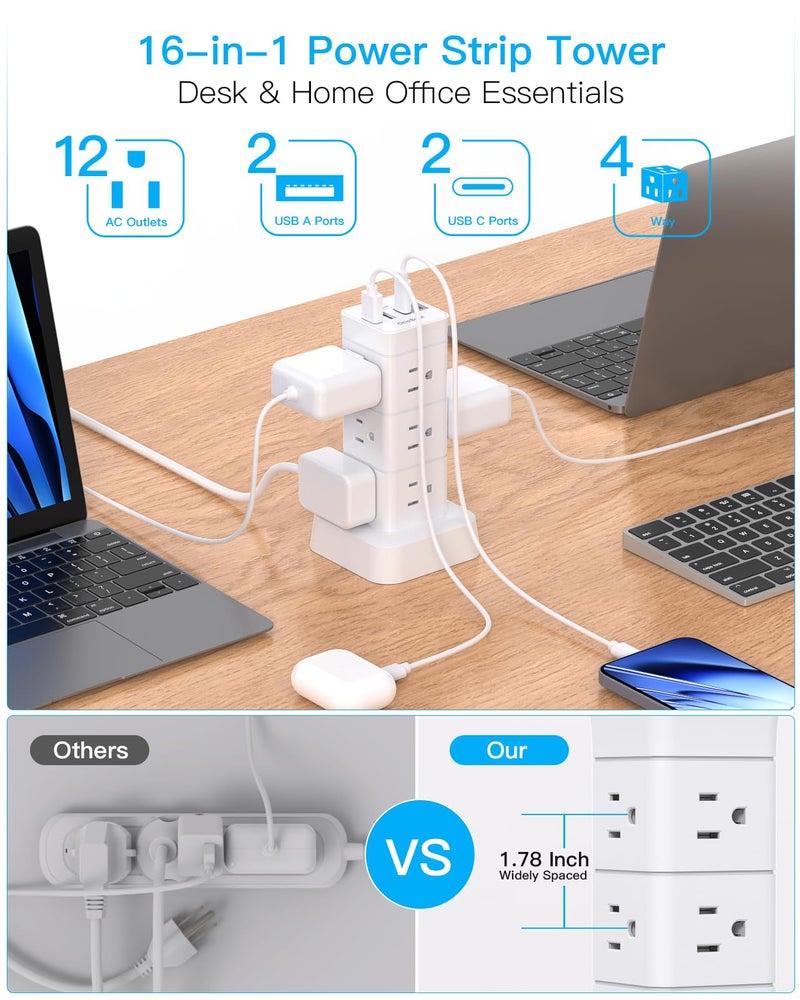 One Beat برج واقي من زيادة التيار، 12 مخرج 4 USB (2 USB C) محطة شحن مكتبية لأجهزة متعددة، سلك تمديد مسطح بطول 6 أقدام مع مخرجات متعددة، أساسيات المنزل والمكتب وسكن الطلاب - Image 2