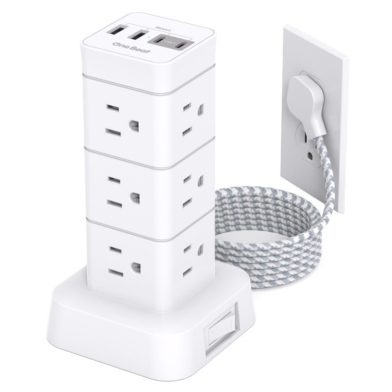 One Beat برج واقي من زيادة التيار، 12 مخرج 4 USB (2 USB C) محطة شحن مكتبية لأجهزة متعددة، سلك تمديد مسطح بطول 6 أقدام مع مخرجات متعددة، أساسيات المنزل والمكتب وسكن الطلاب - Image 1