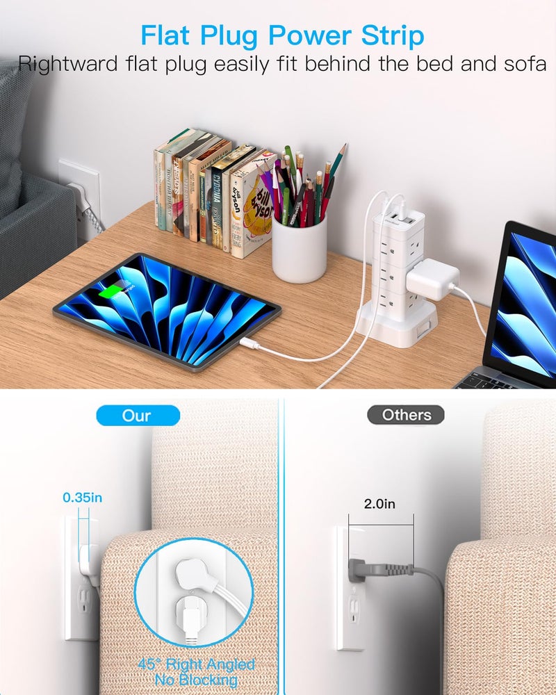 One Beat برج واقي من زيادة التيار، 12 مخرج 4 USB (2 USB C) محطة شحن مكتبية لأجهزة متعددة، سلك تمديد مسطح بطول 6 أقدام مع مخرجات متعددة، أساسيات المنزل والمكتب وسكن الطلاب - Image 3