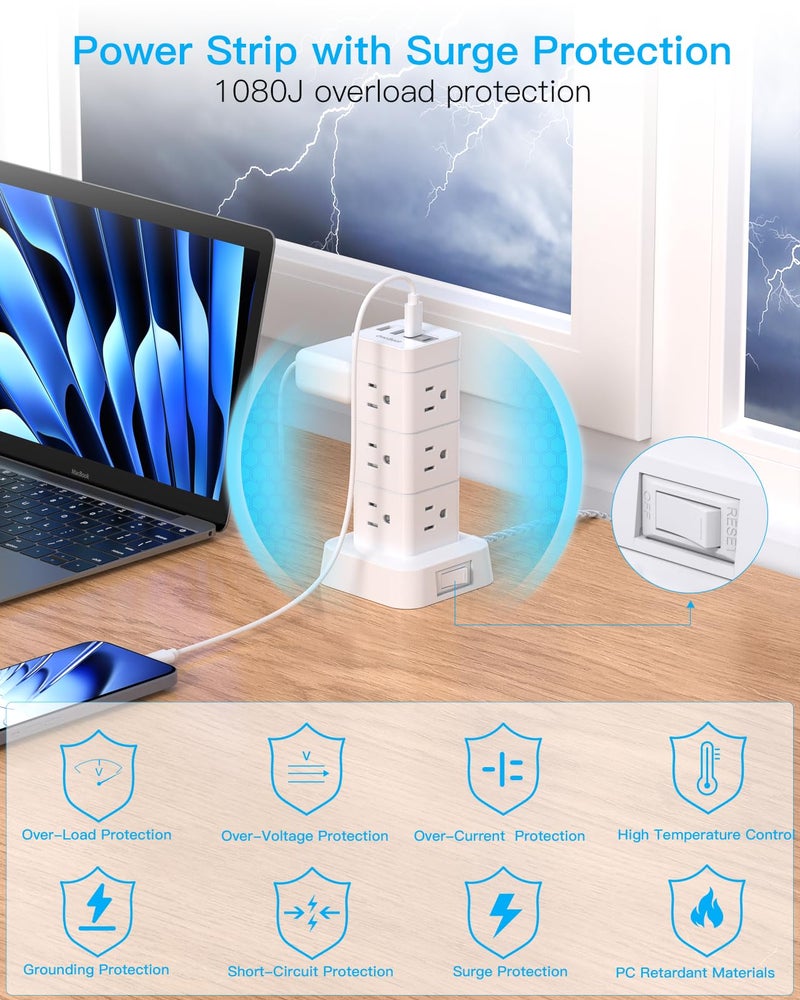 One Beat برج واقي من زيادة التيار، 12 مخرج 4 USB (2 USB C) محطة شحن مكتبية لأجهزة متعددة، سلك تمديد مسطح بطول 6 أقدام مع مخرجات متعددة، أساسيات المنزل والمكتب وسكن الطلاب - Image 5