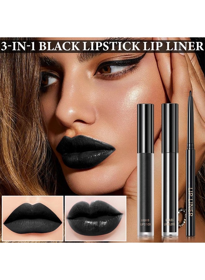 BKPPLZP Black Matte Liquid Lipstick3 In 1 Black Lip Liner And Lipstick Setmatte Lip Gloss Long Lasting Moisturizing Velvet Lipgloss Make Up Gift Set Cosplay Goth Halloween Special Effects Makeup Kit - Image 2