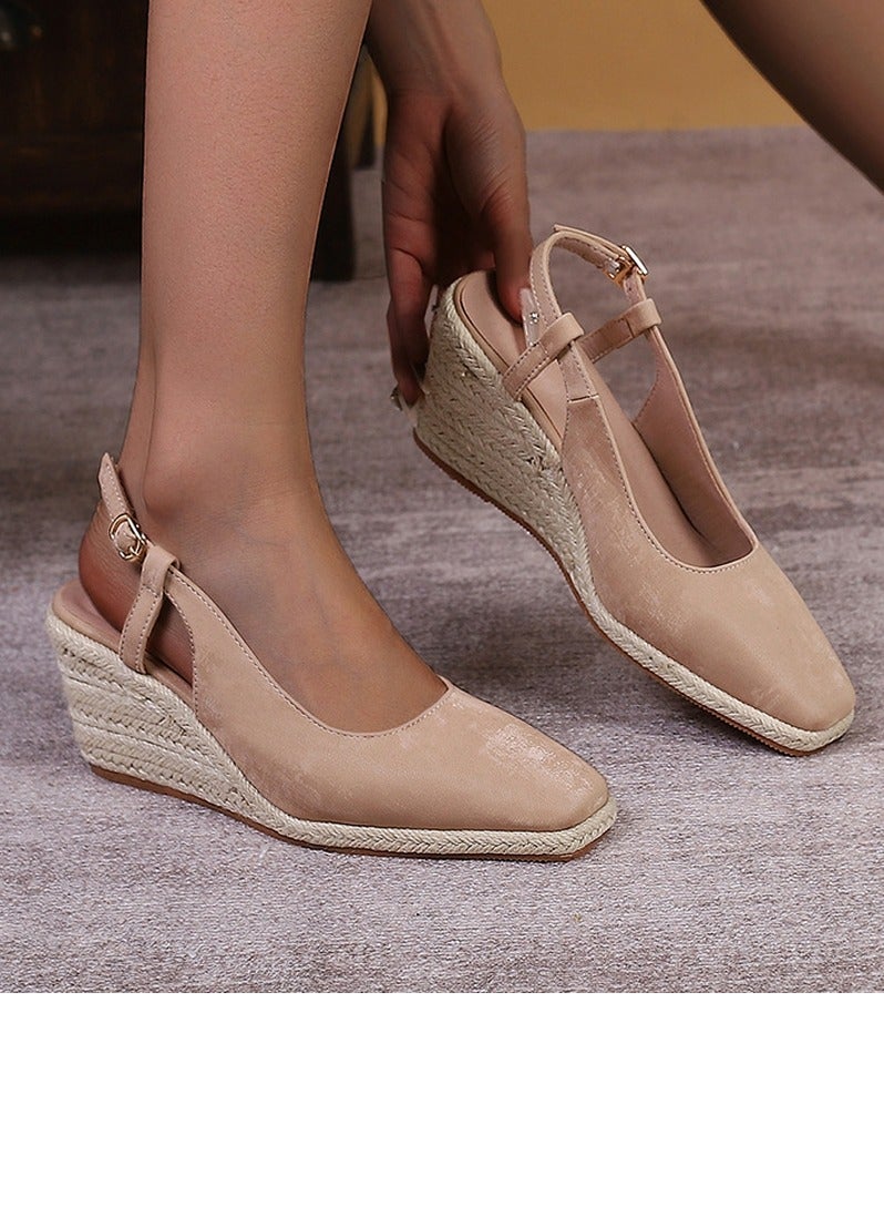 Loquat Espadrilles Wedge Sandals Closed Square Toe Slingback Buckle Strap Wedges Pumps Platform Heeled Sandal Apricot - Image 1