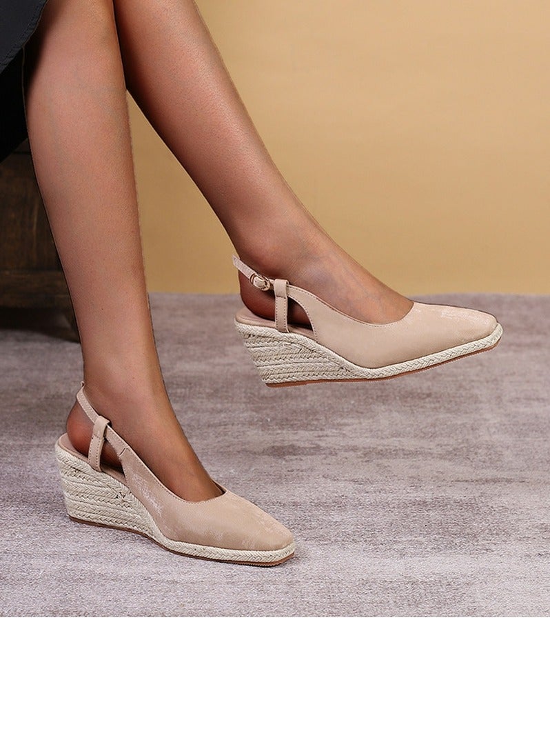 Loquat Espadrilles Wedge Sandals Closed Square Toe Slingback Buckle Strap Wedges Pumps Platform Heeled Sandal Apricot - Image 2