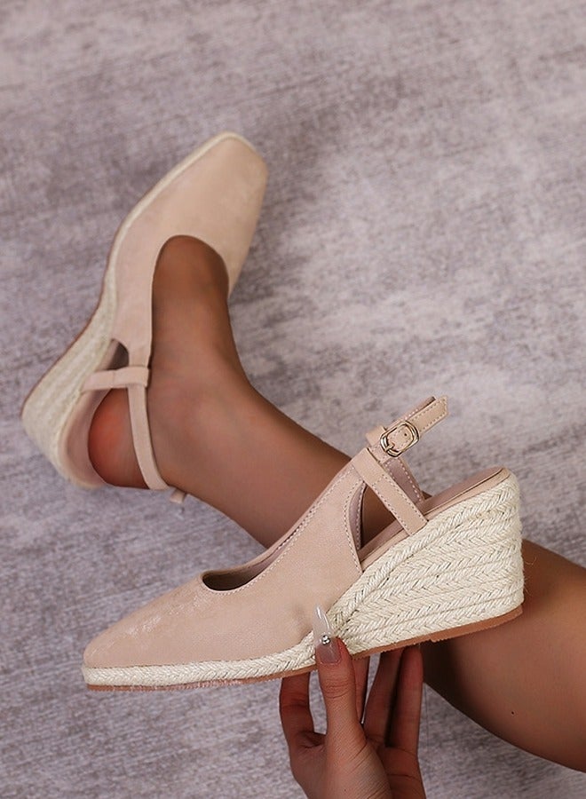 Loquat Espadrilles Wedge Sandals Closed Square Toe Slingback Buckle Strap Wedges Pumps Platform Heeled Sandal Apricot - Image 4