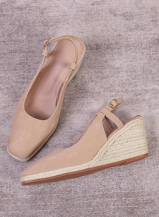 Loquat Espadrilles Wedge Sandals Closed Square Toe Slingback Buckle Strap Wedges Pumps Platform Heeled Sandal Apricot - Image 5