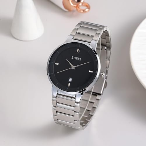 BUREI Men Watches Fashion Stainless Steel Watches for Men Analog Quartz Waterproof Wristwatch,Gift for Mens(Black Silver) - Image 4