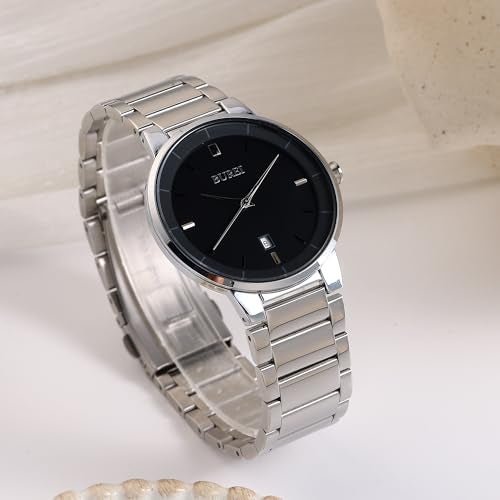 BUREI Men Watches Fashion Stainless Steel Watches for Men Analog Quartz Waterproof Wristwatch,Gift for Mens(Black Silver) - Image 5