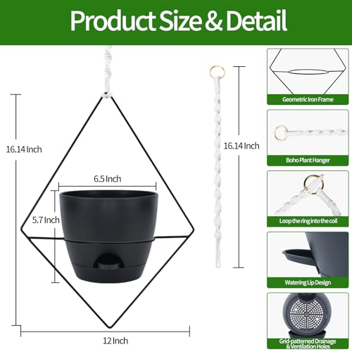 Koalaime Hanging Planters for Indoor Plants, 2 Set Self Watering Hanging Flower Pots, Modern Hanging Plant Baskets with Metal Plant Holder & 6.5 Inch Plastic Pots for Garden Home Decor (Black) - Image 3