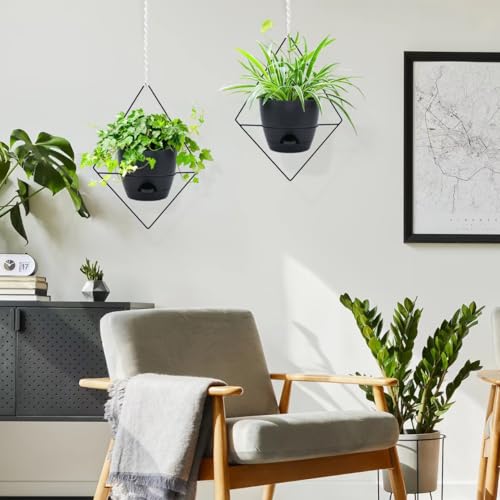 Koalaime Hanging Planters for Indoor Plants, 2 Set Self Watering Hanging Flower Pots, Modern Hanging Plant Baskets with Metal Plant Holder & 6.5 Inch Plastic Pots for Garden Home Decor (Black) - Image 2