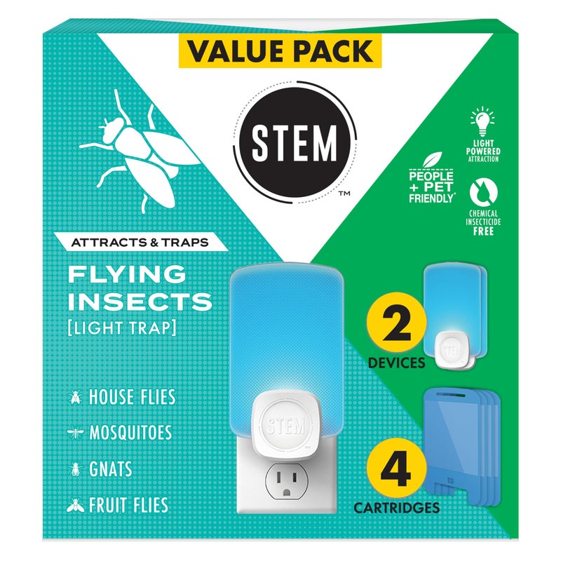 STEM Flying Insect Trap - Indoor Fruit Fly & Gnat Catcher for Home, Kitchen & Any Room, Attracts & Traps Bugs, Soft Blue UV Light - Includes 2 Plug-in Devices & 4 Cartridges - Image 1