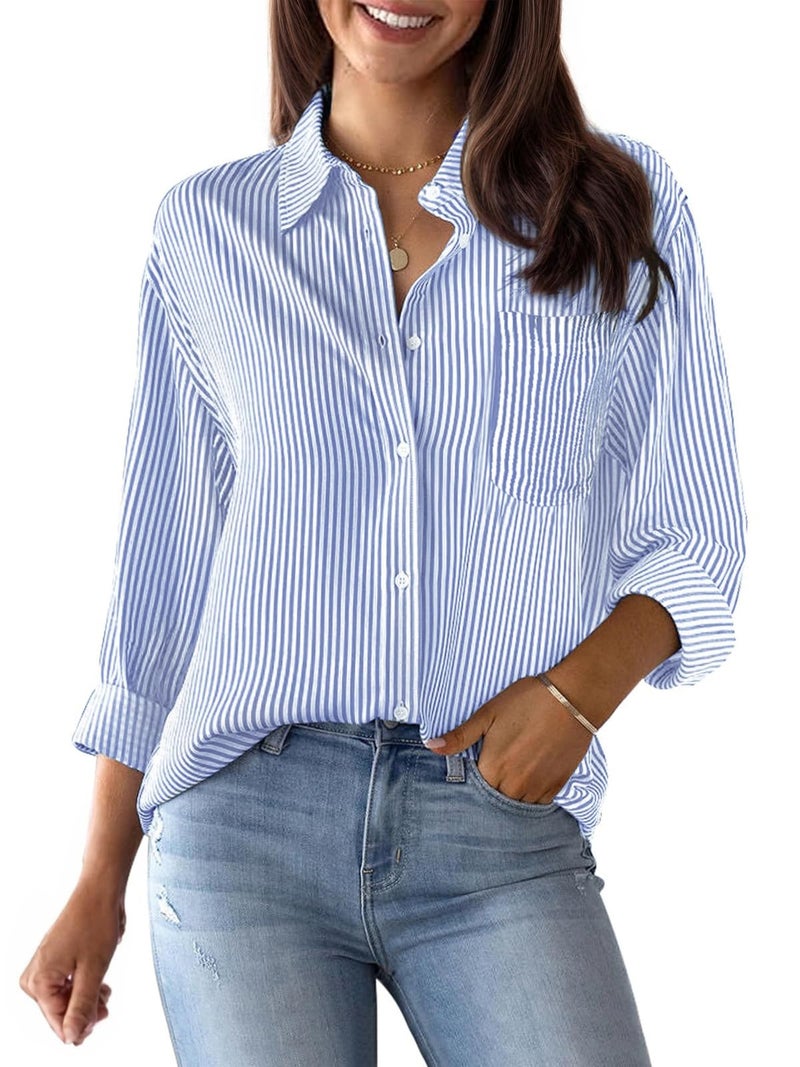 Button Down Shirts for Women Striped Dress Shirts Long Sleeve Collared Cotton Blouses Work Business Casual TopsBlue and White 3XL