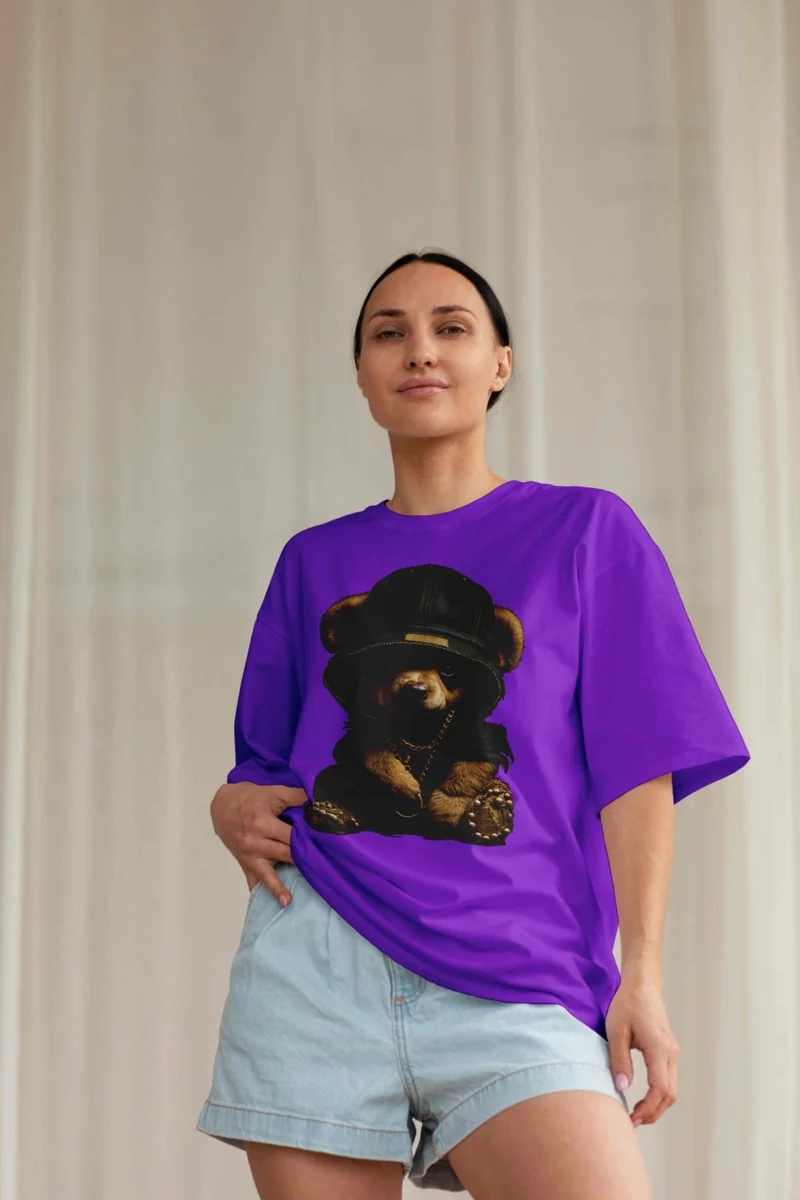 DogFish Women's Lilac Teddy Printed Oversize T-Shirt