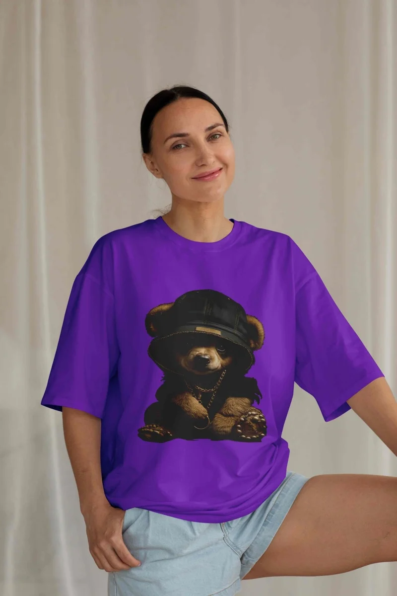 DogFish Women's Lilac Teddy Printed Oversize T-Shirt