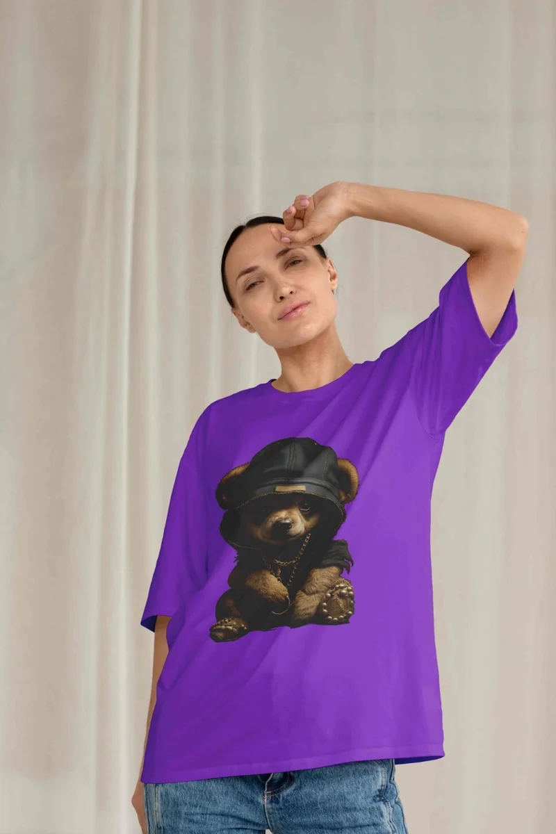 DogFish Women's Lilac Teddy Printed Oversize T-Shirt